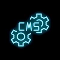 Neon cms acronym inside glowing cogwheel working gears on black background vector