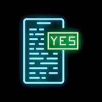 Neon icon of mobile phone showing yes sign on screen vector