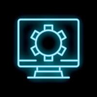 Neon blue computer screen displaying settings gear icon on black background vector