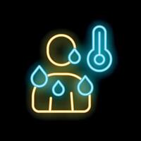 Neon icon of a person sweating with high temperature indicated on thermometer vector