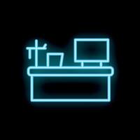 Neon office desk with computer and airplane departure sign on black background vector