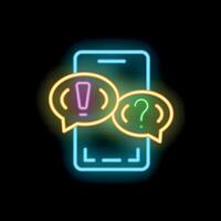 Neon smartphone showing chat bubbles with exclamation and question marks vector