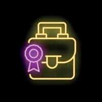 Neon icon of a briefcase with a cockade representing successful business vector