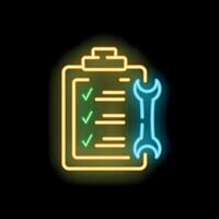 Neon sign representing checklist and wrench for maintenance tasks vector