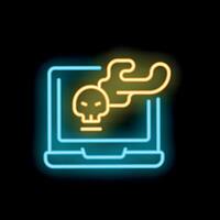 Neon icon of a laptop displaying a smoking skull representing cyber crime vector