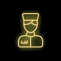 Yellow neon icon of a bellhop standing and smiling on black background vector