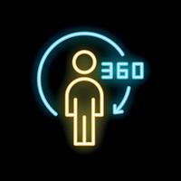 Neon icon of person surrounded by a 360 degrees arrow vector