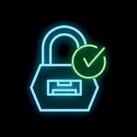 Neon icon of a closed padlock with check mark showing security vector