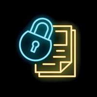 Neon padlock protecting documents icon glowing on black background vector