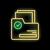 Neon glowing folder with documents and check mark icon on black background vector