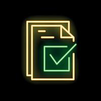 Neon icon of documents with green check mark on black background vector