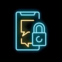 Neon icon of smartphone showing chat bubbles being secured with closed lock vector