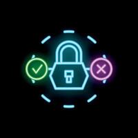 Neon padlock displaying security status with check and cross marks vector