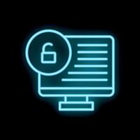 Neon icon of computer screen displaying unlocked padlock symbol vector