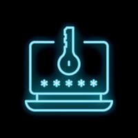 Neon icon of laptop showing password protected access with key vector