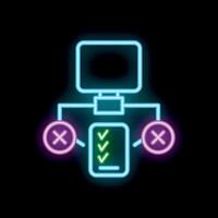 Neon icon of computer distributing data to devices with check and cross marks vector