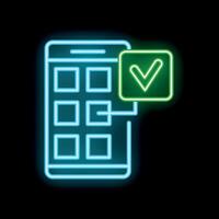 Neon icon of smartphone receiving data and showing check mark signalling successful download vector