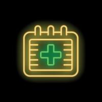 Glowing neon line medical appointment icon isolated on black background illustrating a calendar with a cross sign vector