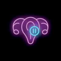 Neon earphone icon showing pause button on black background vector