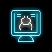 Glowing neon line medical clinical monitor icon showing x ray image on black background vector