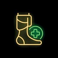 Neon sign of a broken leg in an orthopedic cast with medical cross symbolizing healthcare and traumatology vector