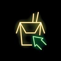 Glowing neon sign showing a cursor clicking on a takeout box vector