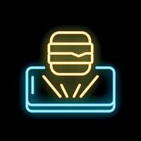 Neon icon of smartphone ordering food online with a burger appearing from the screen vector