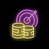 Neon sign representing reaching financial goal with arrow hitting target and stack of coins vector