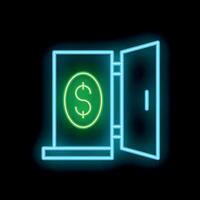 Neon safe containing dollar bill glowing on dark background vector