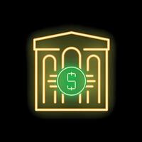 Glowing neon line bank building with dollar coin icon isolated on black background. illustration vector