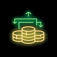 Neon sign representing money flow with arrows and coins vector