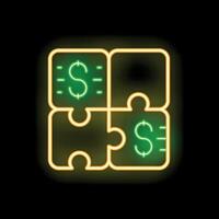 Neon puzzle pieces forming a square with dollar sign inside on black background vector