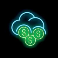 Neon sign representing cloud computing costs with cloud and dollar coins vector