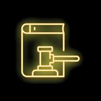 Neon yellow law book with judge gavel icon glowing on black background vector