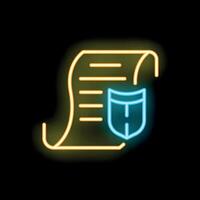 Neon icon of document with shield representing data protection vector