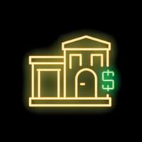 Neon sign of a bank building with a dollar symbol glowing on a black background vector