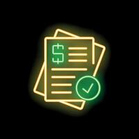 Neon icon of financial documents with dollar sign and check mark vector