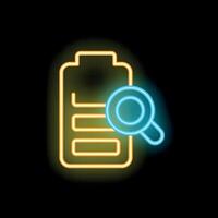 Neon icon of magnifying glass examining battery indicator displaying charge level vector