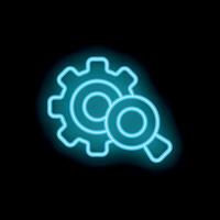 Neon icon of magnifying glass inspecting a gear representing seo and website analysis vector