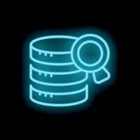 Neon icon of magnifying glass analyzing database servers vector