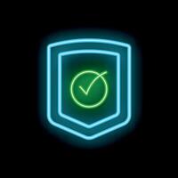 Neon shield with check mark symbolising security and protection vector