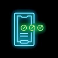 Neon glowing icon of a smartphone showing a completed checklist vector