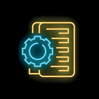 Neon icon of gear engaging with documents representing project management vector