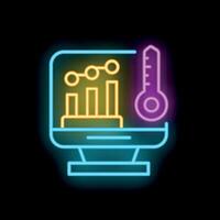 Computer screen displaying growing chart and thermometer neon sign vector