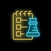 Neon icon of chess piece next to spiral notepad representing strategy vector