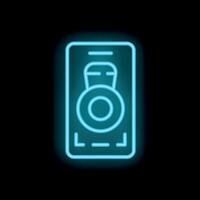 Neon icon of smartphone showing fitness app interface with kettlebell symbol vector