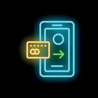 Neon sign of smartphone showing mobile payment process with credit card vector