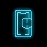 Neon blue smartphone showing security shield icon on black background vector