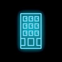 Glowing neon sign depicting a building with illuminated windows on a black background vector