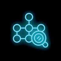 Neon icon of magnifying glass analyzing network of connected nodes vector